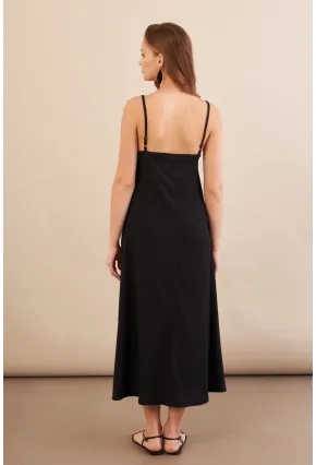 Kadın Siyah Ayarlanabilir Askılı Bürümcük Midi Elbise MX9455