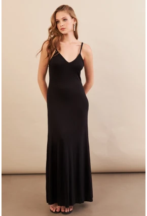 Kadın Siyah Ayarlanabilir Askılı Midaxi Elbise EY3115