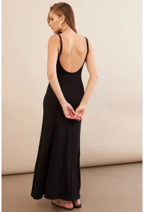 Kadın Siyah Ayarlanabilir Askılı Midaxi Elbise EY3115