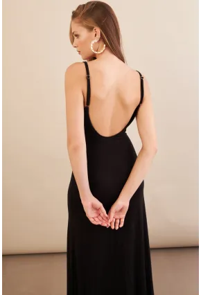 Kadın Siyah Ayarlanabilir Askılı Midaxi Elbise EY3115