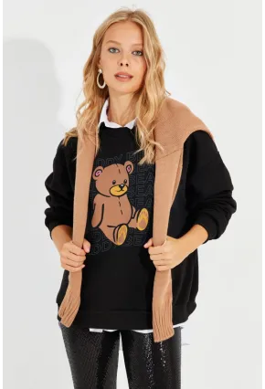 Kadın Siyah Ayıcık Baskılı Sweatshirt ZM288