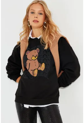 Kadın Siyah Ayıcık Baskılı Sweatshirt ZM288
