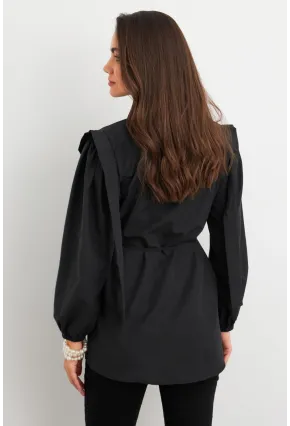 Kadın Siyah Bağlama Detaylı Basic Gömlek MASF185