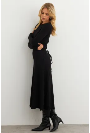 Kadın Siyah Bağlamalı Kaşkorse Midi Elbise COL2268