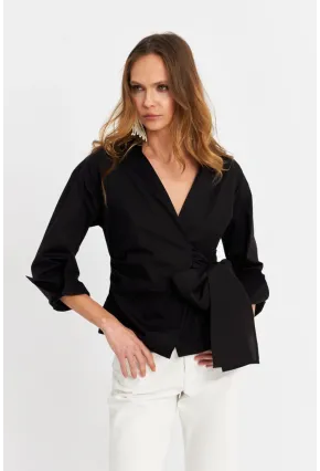 Kadın Siyah Bağlamalı Kruvaze Gömlek MFS9792
