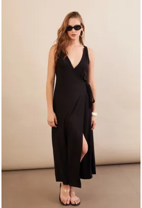 Kadın Siyah Bağlamalı Kruvaze Midi Elbise EY3107