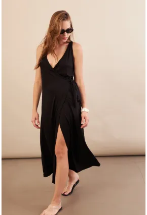 Kadın Siyah Bağlamalı Kruvaze Midi Elbise EY3107