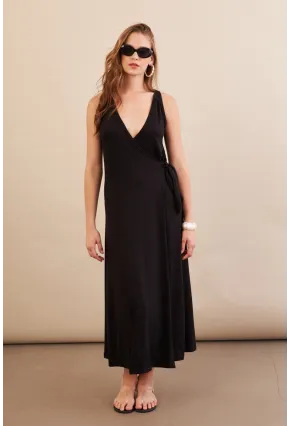 Kadın Siyah Bağlamalı Kruvaze Midi Elbise EY3107