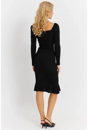 Kadın Siyah Balon Kol Kaşkorse Midi Elbise EY2855