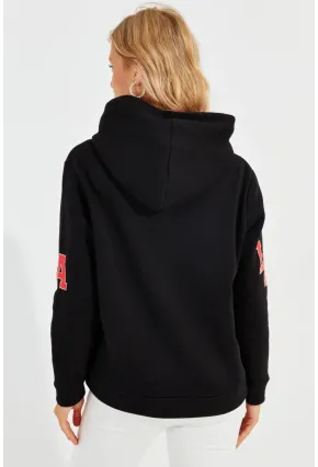 Kadın Siyah Baskılı Kapüşonlu Sweatshirt DA146