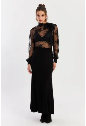 Kadın Siyah Beli Lastikli Evoze Maxi Etek EY2923