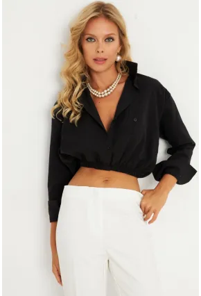 Kadın Siyah Beli Lastikli Gömlek ELT3835