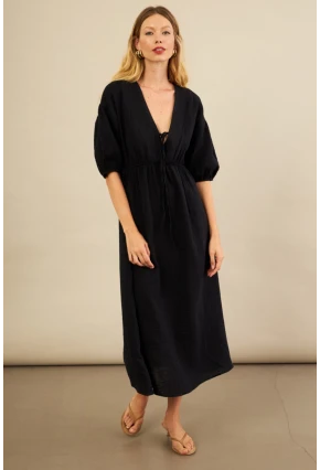 Kadın Siyah Beli Lastikli Midi Müslin Elbise FRO1001