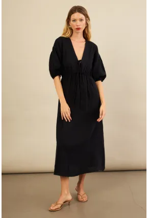 Kadın Siyah Beli Lastikli Midi Müslin Elbise FRO1001