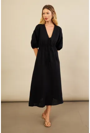 Kadın Siyah Beli Lastikli Midi Müslin Elbise FRO1001