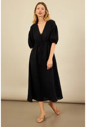 Kadın Siyah Beli Lastikli Midi Müslin Elbise FRO1001