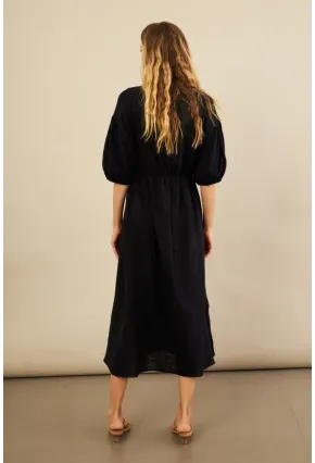 Kadın Siyah Beli Lastikli Midi Müslin Elbise FRO1001