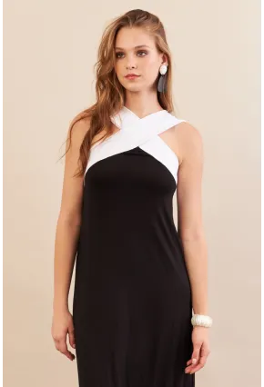 Kadın Siyah-Beyaz Çapraz Askılı Kontrast Midi Elbise EY3116