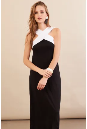 Kadın Siyah-Beyaz Çapraz Askılı Kontrast Midi Elbise EY3116