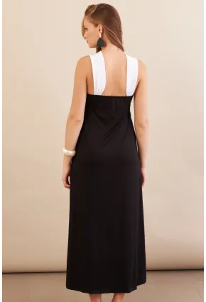 Kadın Siyah-Beyaz Çapraz Askılı Kontrast Midi Elbise EY3116