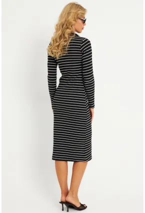 Kadın Siyah-Beyaz Çizgili Kaşkorse Midi Elbise YLE43