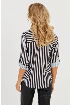 Kadın Siyah-Beyaz Çizgili Saten Gömlek SF2536