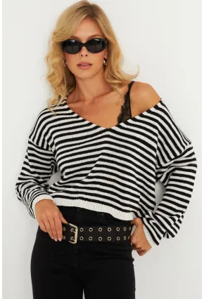Kadın Siyah-Beyaz Çizgili Triko Bluz YV278
