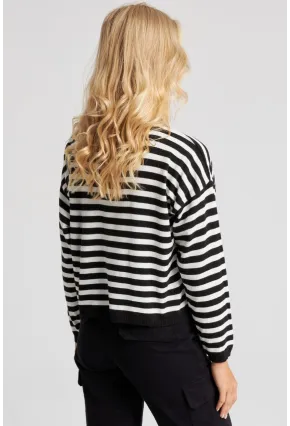 Kadın Siyah-Beyaz Çizgili Triko İnce Kazak YV211