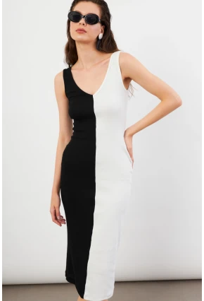 Kadın Siyah-Beyaz Color Block Kaşkorse Midi Elbise EY3126