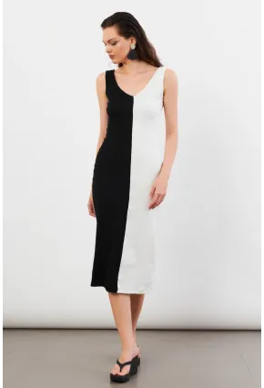 Kadın Siyah-Beyaz Color Block Kaşkorse Midi Elbise EY3126
