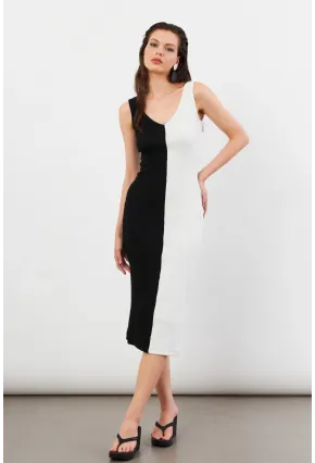 Kadın Siyah-Beyaz Color Block Kaşkorse Midi Elbise EY3126