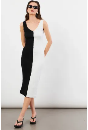 Kadın Siyah-Beyaz Color Block Kaşkorse Midi Elbise EY3126