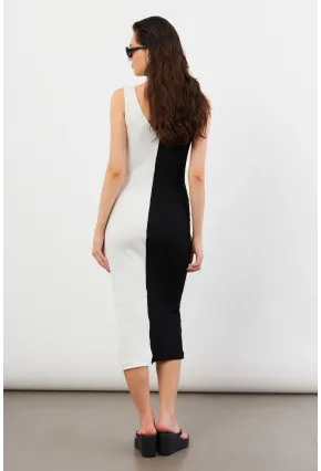 Kadın Siyah-Beyaz Color Block Kaşkorse Midi Elbise EY3126