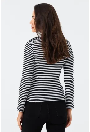 Kadın Siyah-Beyaz Düğme Detaylı Çizgili Bluz MAYD14
