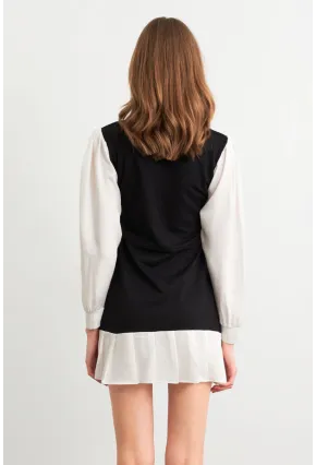 Kadın Siyah-Beyaz Renk Bloklu Mini Elbise HOR0052