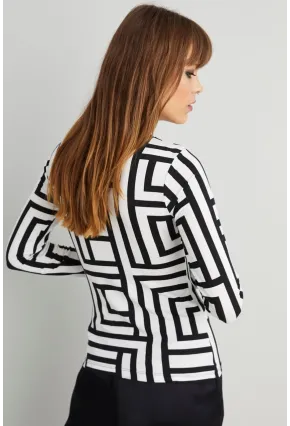 Kadın Siyah-Beyaz Yarım Balıkçı Desenli Bluz LPP1147