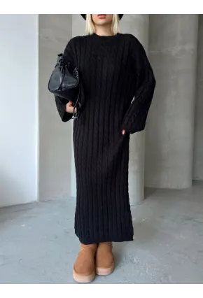 Kadın Siyah Bisiklet Yaka Saç Örgülü Kadın Triko Midi Elbise