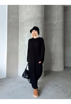 Kadın Siyah Bisiklet Yaka Saç Örgülü Kadın Triko Midi Elbise