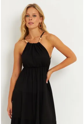 Kadın Siyah Boncuk Detaylı Bürümcük Midi Elbise HO52