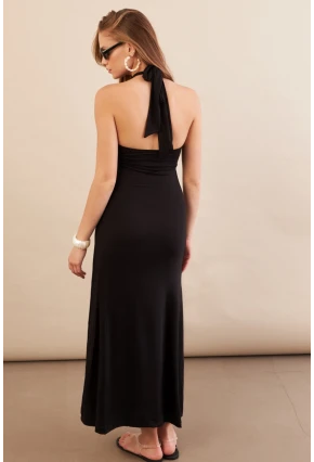 Kadın Siyah Boyun Bağlamalı Halter Midaxi Elbise EY3113
