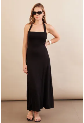 Kadın Siyah Boyun Bağlamalı Halter Midaxi Elbise EY3113