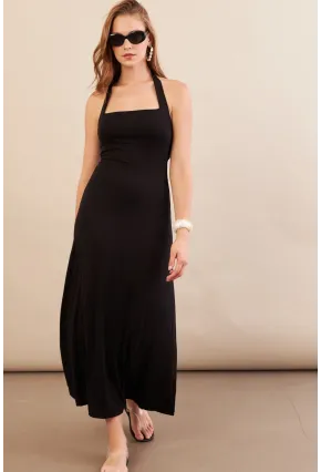 Kadın Siyah Boyun Bağlamalı Halter Midaxi Elbise EY3113