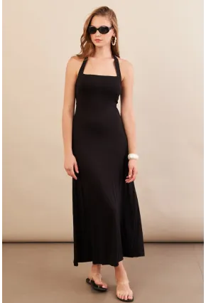 Kadın Siyah Boyun Bağlamalı Halter Midaxi Elbise EY3113