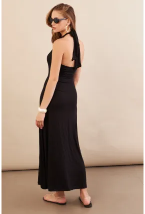 Kadın Siyah Boyun Bağlamalı Halter Midaxi Elbise EY3113