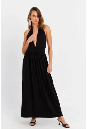 Kadın Siyah Boyun Bağlamalı Maxi Elbise EY3075