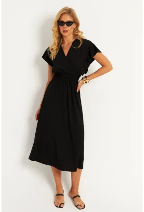 Kadın Siyah Bürümcük Kruvaze Midi Elbise XL2008