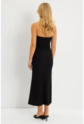 Kadın Siyah Bürümcük Straplez Midi Elbise EY2787