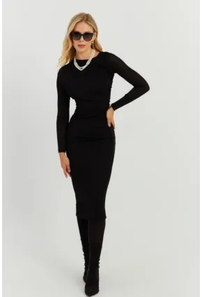 Kadın Siyah Büzgülü Buzi Midi Elbise KED147