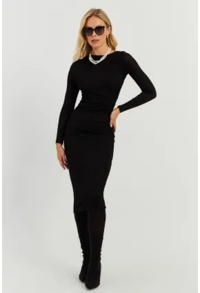 Kadın Siyah Büzgülü Buzi Midi Elbise KED147