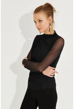 Kadın Siyah Büzgülü Drapeli Tül Bluz LPP1244